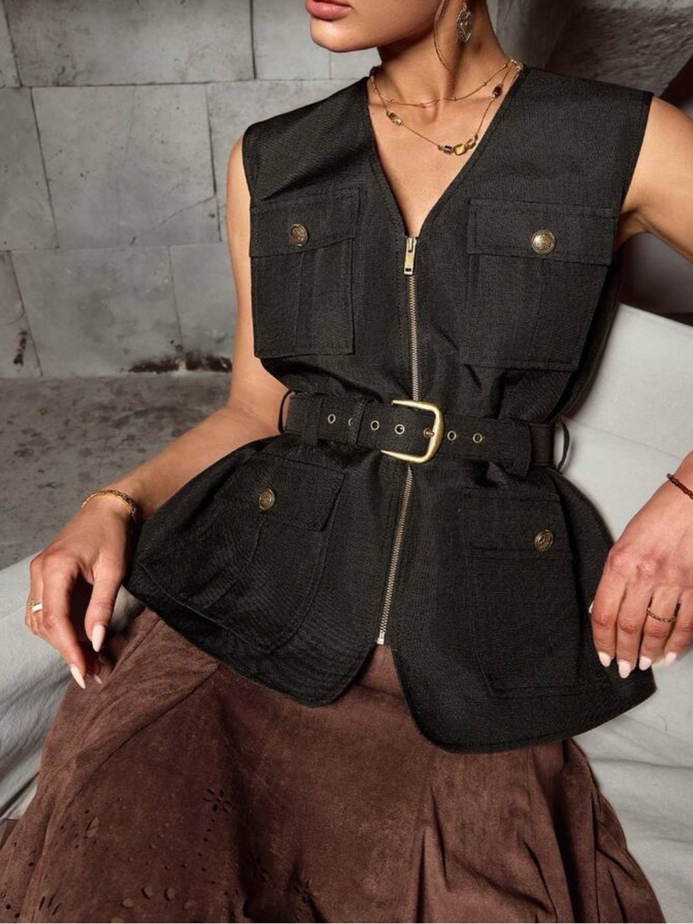 Black Utility Belted Vest with Gold Hardware